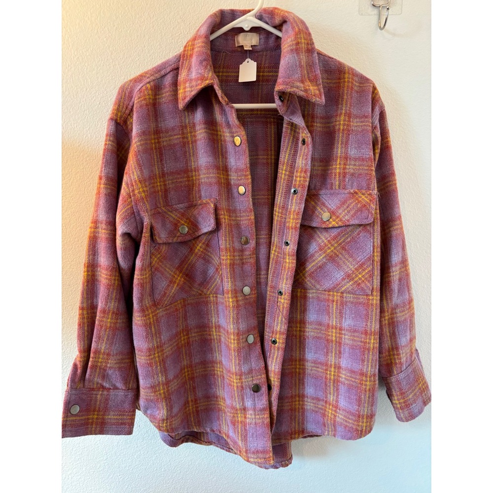 Dizzy Lizzy Purple Orange Plaid Shacket Button Down Shirt Jacket Small